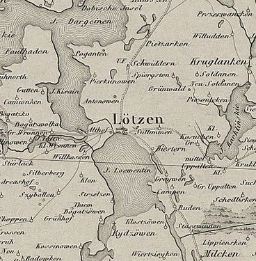Giżycko i okolice na mapie z XIX w. Źródło: Karta dawnéj Polski z przyległémi okolicami krajów sąsiednich, 1:300000, Paryż 1859 r.