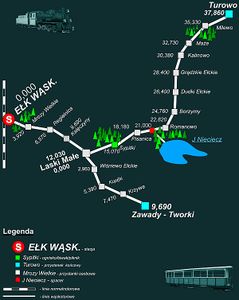 Mapa przejazdu Ełckiej Kolei Wąskotorowej. Źródło: www.mosir.elk.com.pl