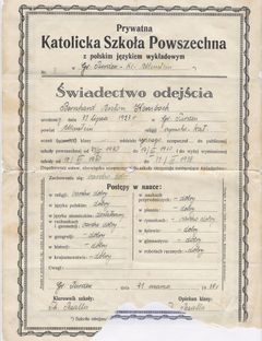 Świadectwo odejścia Bernharda Kensbocka ze szkoły polskiej w Purdzie, źródło: Szkoła Podstawowa w Purdzie im. T. Pezały [27.03.2014]