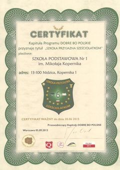 certyfikat dla Szkoły Podstawowej nr 1 w Nidzicy. Źródło: www.zsnr1.nidzica.pl
